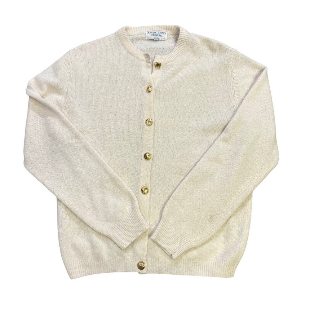 Vintage Archie Brown Bermuda Lambswool Angora Cardigan Ivory Gold Buttons 70's‎
